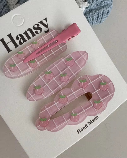 Korean Aesthetic Pink Peach Grid Acrylic Hair Clips & Side Hair Pins Set (Pack of 3) (VT-182)