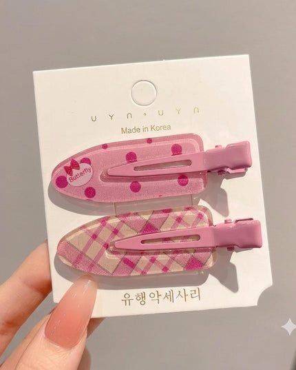 Korean Aesthetic Pink Hair Clips for Girls & Women – Acrylic Duckbill Hair Pins Set of 2 (Polka Dot Bow & Plaid Check) (VT-134)