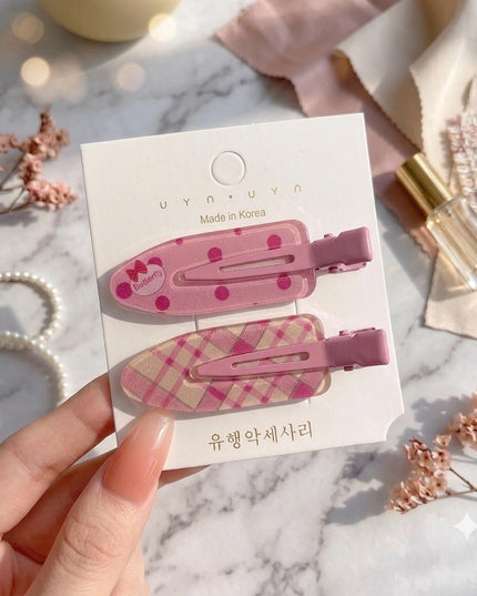 Korean Aesthetic Pink Hair Clips for Girls & Women – Acrylic Duckbill Hair Pins Set of 2 (Polka Dot Bow & Plaid Check) (VT-134)