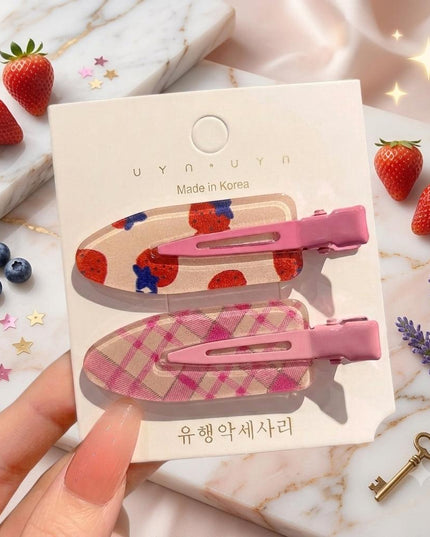 Korean Aesthetic Pink Hair Clips for Girls & Women – Acrylic Duckbill Hair Pins Set of 2 (Strawberry Print & Plaid Check) (VT-136)