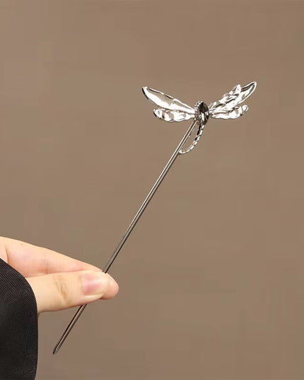 Silver-Tone Metal Dragonfly Hair Stick & Chignon Pin with Dark Stone Accent for Women (VT-172)