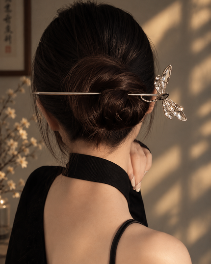 Silver-Tone Metal Dragonfly Hair Stick & Chignon Pin with Dark Stone Accent for Women (VT-172)