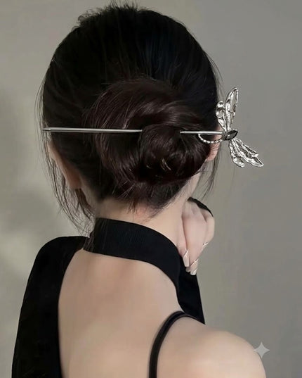 Silver-Tone Metal Dragonfly Hair Stick & Chignon Pin with Dark Stone Accent for Women (VT-172)