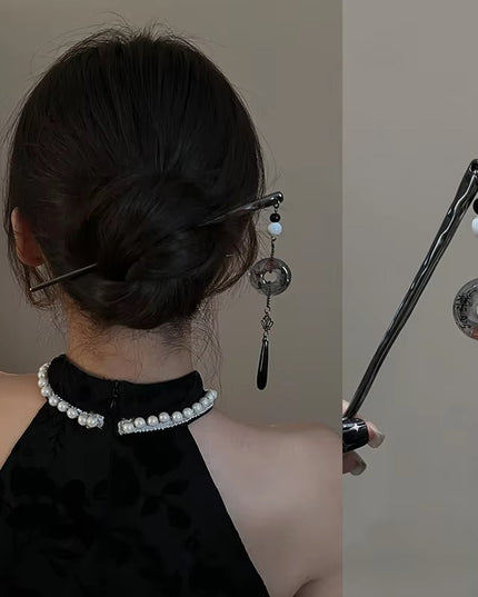 Elegant Vintage Metal Hair Stick & Chignon Pin with Beaded Donut Pendant & Tassel for Women (VT-175)