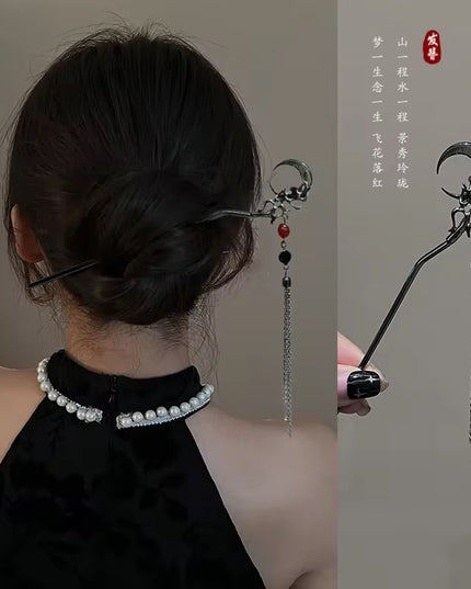 Gothic Vintage Crescent Moon & Beaded Tassel Metal Hair Stick & Chignon Pin for Women (VT-177)
