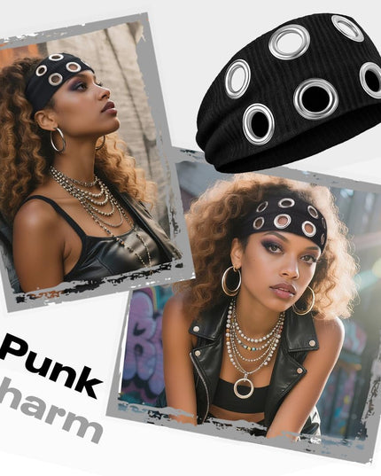 Y2K Punk Grommet Headband for Women & Girls | Black Wide Knitted Band with Silver Metal Hollow Rings | Streetwear Hair Accessory (VT-23)