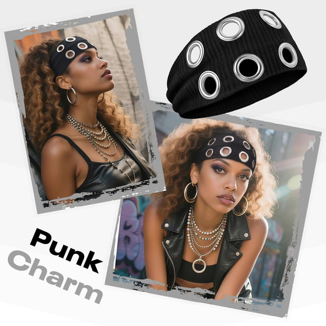 Y2K Punk Grommet Headband for Women & Girls | Black Wide Knitted Band with Silver Metal Hollow Rings | Streetwear Hair Accessory (VT-23)