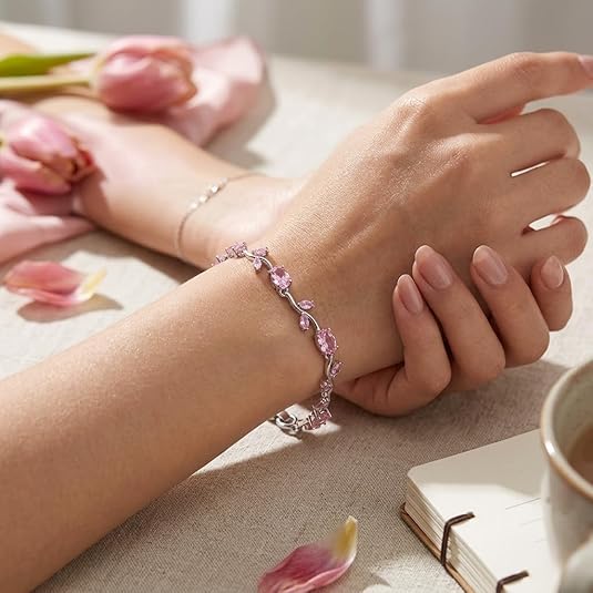 Pink CZ Stone Silver-Plated Floral Vine Bracelet for Women | Dainty Rose Pink Bracelet | Valentine Gift Jewellery (VT-07)