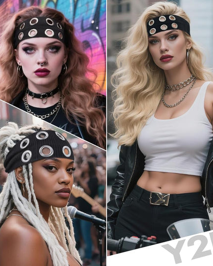 Y2K Punk Grommet Headband for Women & Girls | Black Wide Knitted Band with Silver Metal Hollow Rings | Streetwear Hair Accessory (VT-23)