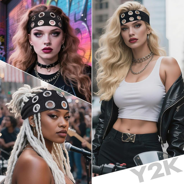 Y2K Punk Grommet Headband for Women & Girls | Black Wide Knitted Band with Silver Metal Hollow Rings | Streetwear Hair Accessory (VT-23)