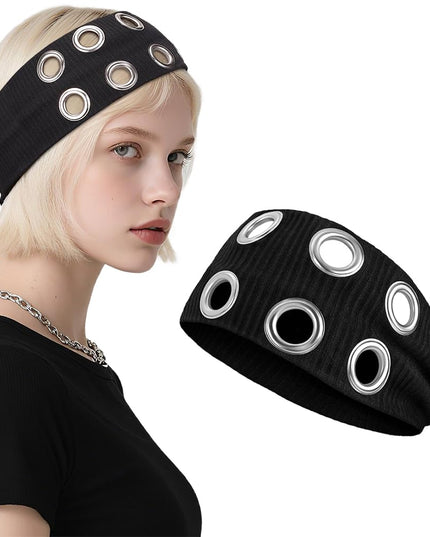 Y2K Punk Grommet Headband for Women & Girls | Black Wide Knitted Band with Silver Metal Hollow Rings | Streetwear Hair Accessory (VT-23)