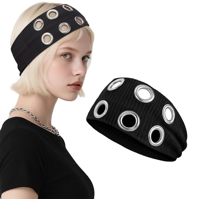 Y2K Punk Grommet Headband for Women & Girls | Black Wide Knitted Band with Silver Metal Hollow Rings | Streetwear Hair Accessory (VT-23)