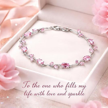 Pink CZ Stone Silver-Plated Floral Vine Bracelet for Women | Dainty Rose Pink Bracelet | Valentine Gift Jewellery (VT-07)