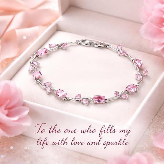 Pink CZ Stone Silver-Plated Floral Vine Bracelet for Women | Dainty Rose Pink Bracelet | Valentine Gift Jewellery (VT-07)
