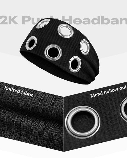 Y2K Punk Grommet Headband for Women & Girls | Black Wide Knitted Band with Silver Metal Hollow Rings | Streetwear Hair Accessory (VT-23)