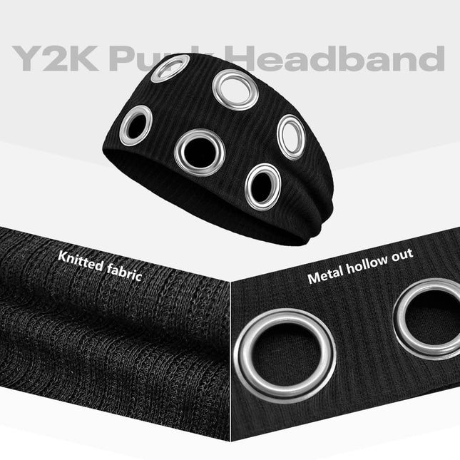 Y2K Punk Grommet Headband for Women & Girls | Black Wide Knitted Band with Silver Metal Hollow Rings | Streetwear Hair Accessory (VT-23)