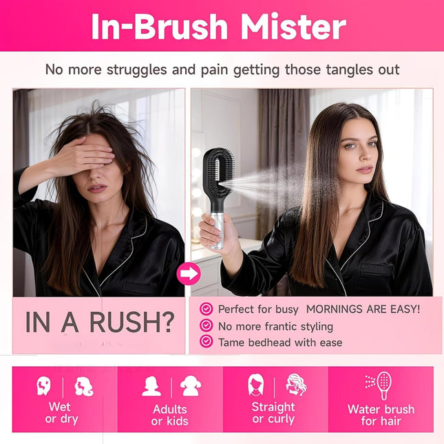 2-in-1 Spray Hair Brush with Water Mister | Detangling Brush with Refillable Bottle | Anti-Frizz, Anti-Static Hair Comb for Women & Kids | Wet & Dry Use (VT-14)