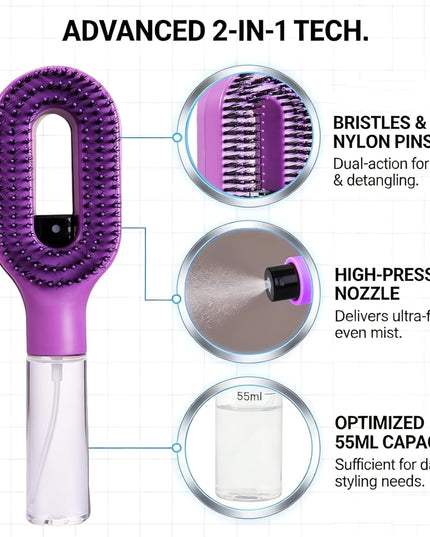 2-in-1 Spray Hair Brush with Water Mister | Detangling Brush with Refillable Bottle | Anti-Frizz, Anti-Static Hair Comb for Women & Kids | Wet & Dry Use (VT-14)