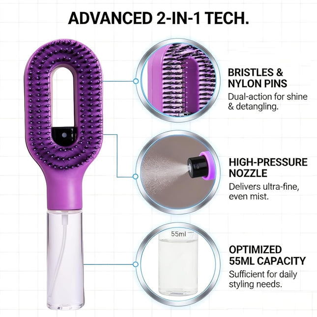 2-in-1 Spray Hair Brush with Water Mister | Detangling Brush with Refillable Bottle | Anti-Frizz, Anti-Static Hair Comb for Women & Kids | Wet & Dry Use (VT-14)