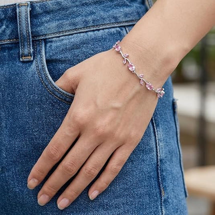 Pink CZ Stone Silver-Plated Floral Vine Bracelet for Women | Dainty Rose Pink Bracelet | Valentine Gift Jewellery (VT-07)