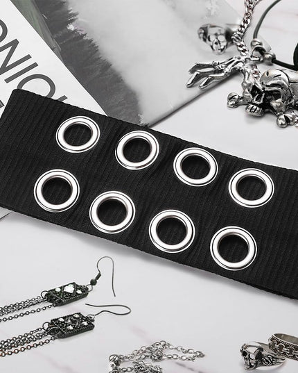 Y2K Punk Grommet Headband for Women & Girls | Black Wide Knitted Band with Silver Metal Hollow Rings | Streetwear Hair Accessory (VT-23)