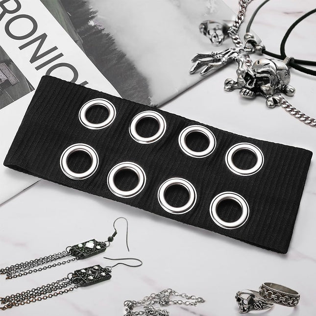 Y2K Punk Grommet Headband for Women & Girls | Black Wide Knitted Band with Silver Metal Hollow Rings | Streetwear Hair Accessory (VT-23)