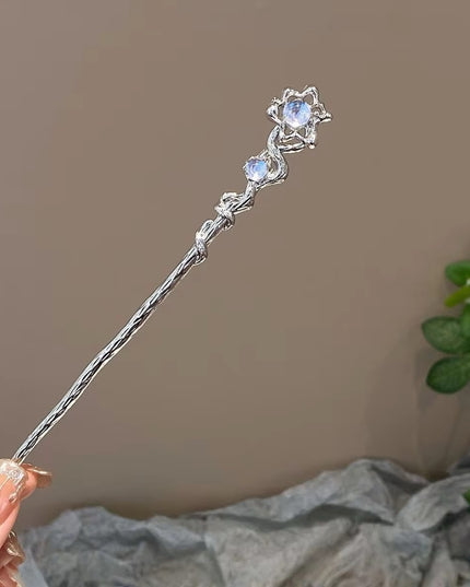Elegant Silver-Tone Moonstone & Floral Motif Hair Stick & Chignon Pin for Women (VT-173)