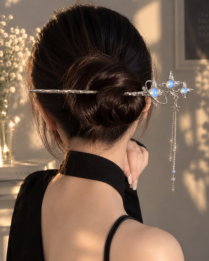 Celestial Silver-Tone Moonstone Star & Tassel Hair Stick & Chignon Pin for Women (VT-174)
