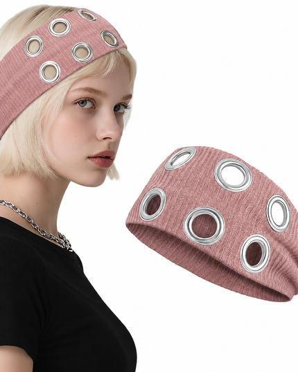 Y2K Punk Grommet Headband for Women & Girls | Pink Wide Knitted Band with Silver Metal Hollow Rings | Streetwear Hair Accessory (VT-24)