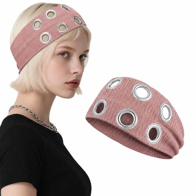 Y2K Punk Grommet Headband for Women & Girls | Pink Wide Knitted Band with Silver Metal Hollow Rings | Streetwear Hair Accessory (VT-24)
