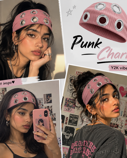 Y2K Punk Grommet Headband for Women & Girls | Pink Wide Knitted Band with Silver Metal Hollow Rings | Streetwear Hair Accessory (VT-24)