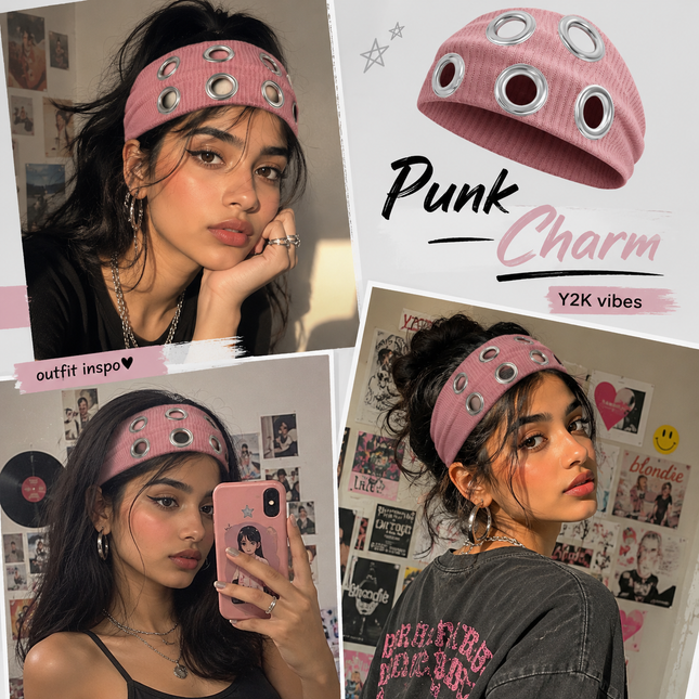 Y2K Punk Grommet Headband for Women & Girls | Pink Wide Knitted Band with Silver Metal Hollow Rings | Streetwear Hair Accessory (VT-24)