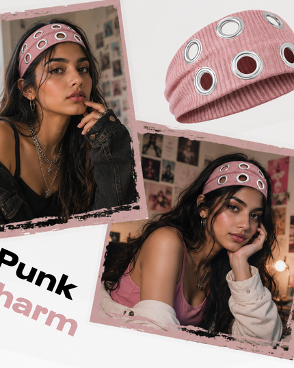 Y2K Punk Grommet Headband for Women & Girls | Pink Wide Knitted Band with Silver Metal Hollow Rings | Streetwear Hair Accessory (VT-24)