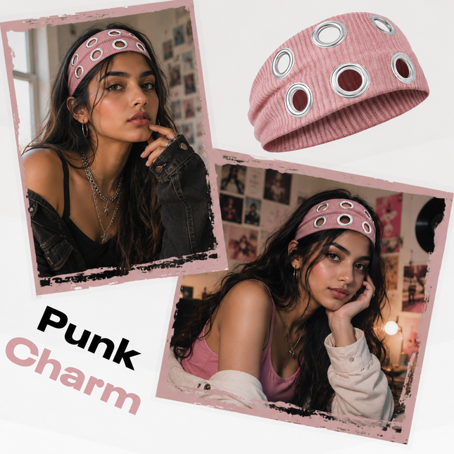 Y2K Punk Grommet Headband for Women & Girls | Pink Wide Knitted Band with Silver Metal Hollow Rings | Streetwear Hair Accessory (VT-24)