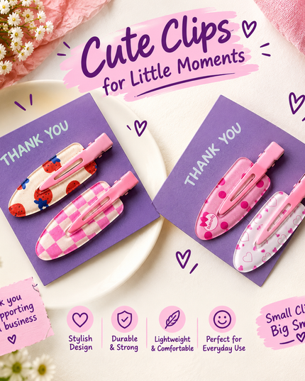 Korean Aesthetic Cute Hair Clips Combo for Girls & Women – Pastel Pink Acrylic Duckbill Hair Pins Set of 4 (Strawberry, Plaid, Bow & Hearts) (VT-132)