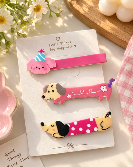 Korean Aesthetic Cute Puppy & Dog Acrylic Hair Clips Set (Pack of 3) (VT-204)