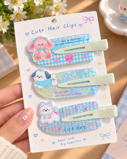 Korean Aesthetic Cute Puppy & Bear Pastel Blue Acrylic Hair Clips Set (Pack of 3) (VT-197)