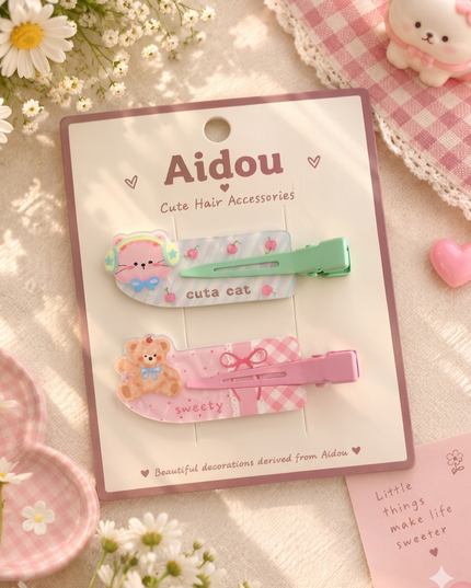 Korean Aesthetic Cute Cat & Teddy Bear Acrylic Hair Clips Set (Pack of 2) (VT-203)