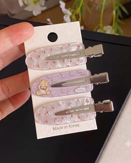 Korean Aesthetic Floral & Bear Acrylic Snap Hair Clips Set (Pack of 3) (VT-193)