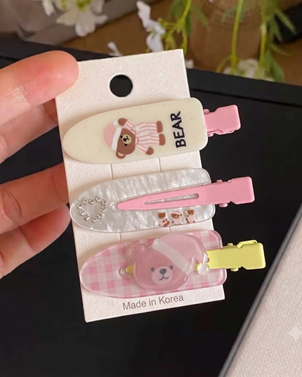 Korean Aesthetic Cute Sleeping Bear & Rhinestone Heart Acrylic Hair Clips Set (Pack of 3) (VT-192)