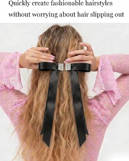 Magnetic Satin Bow Hair Clip | Long Ribbon Hair Bow | Black Aesthetic Hair Accessory for Women & Girls  (VT-13)