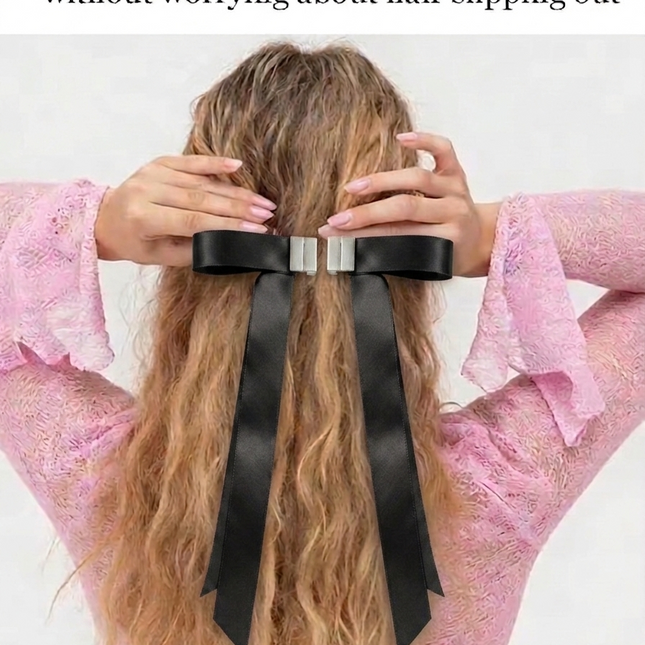 Magnetic Satin Bow Hair Clip | Long Ribbon Hair Bow | Black Aesthetic Hair Accessory for Women & Girls  (VT-13)