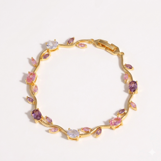 Pink & Purple CZ Stone Gold-Plated Floral Vine Bracelet | Dreamy Multistone Bracelet for Women | Aesthetic Jewellery (VT-06)