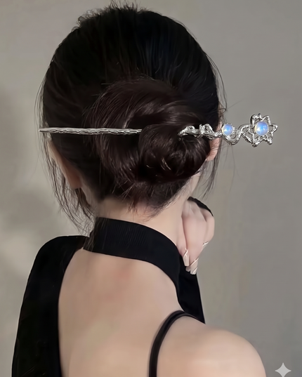 Elegant Silver-Tone Moonstone & Floral Motif Hair Stick & Chignon Pin for Women (VT-173)