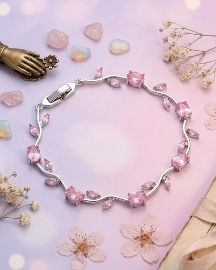 Pink CZ Stone Silver-Plated Floral Vine Bracelet for Women | Dainty Rose Pink Bracelet | Valentine Gift Jewellery (VT-07)
