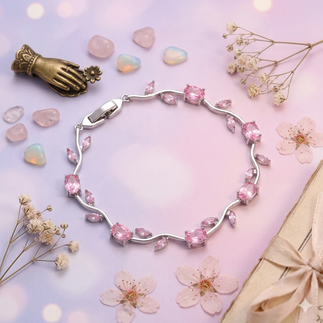 Pink CZ Stone Silver-Plated Floral Vine Bracelet for Women | Dainty Rose Pink Bracelet | Valentine Gift Jewellery (VT-07)