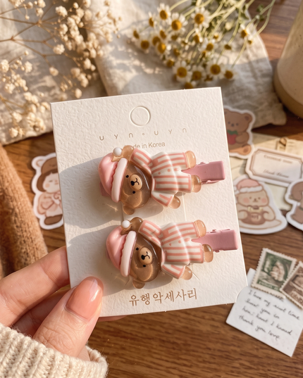 Korean Aesthetic Cute Sleeping Bear in Pajamas Acrylic Hair Clips Set (Pack of 2) (VT-188)