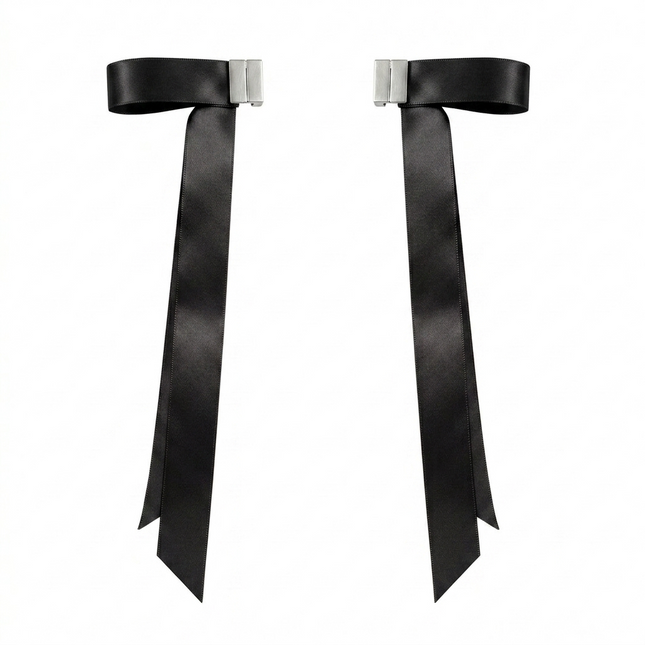 Magnetic Satin Bow Hair Clip | Long Ribbon Hair Bow | Black Aesthetic Hair Accessory for Women & Girls  (VT-13)