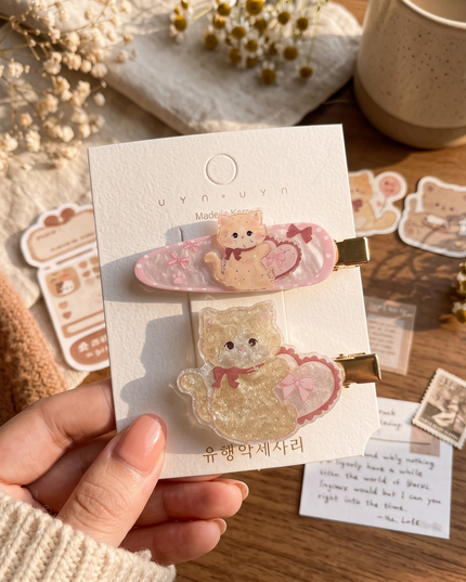 Korean Aesthetic Cute Glitter Cat & Heart Acrylic Hair Clips Set (Pack of 2) (VT-187)