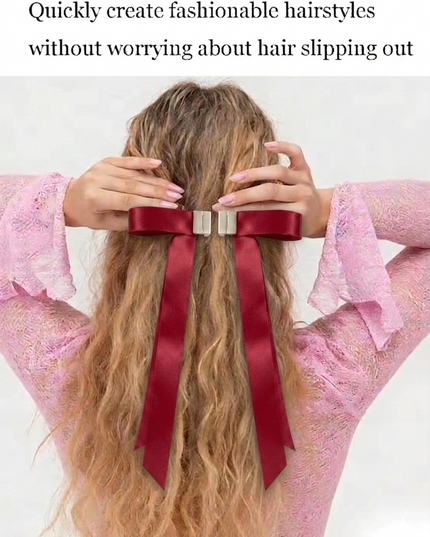 Magnetic Satin Bow Hair Clip | Long Ribbon Hair Bow | Red Coquette Aesthetic Hair Accessory for Women & Girls  (VT-12)